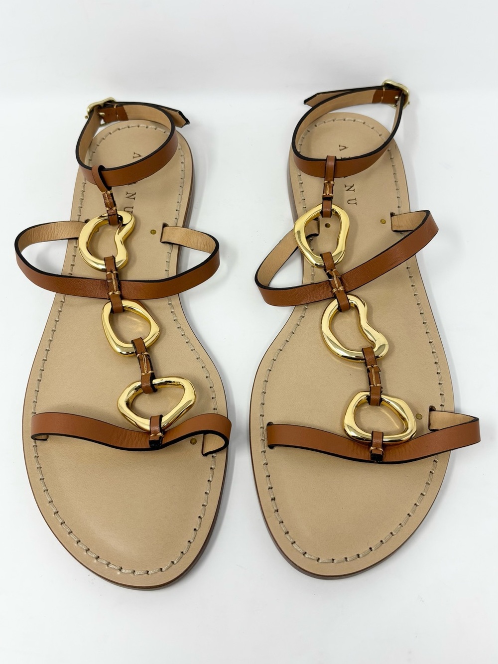 AMANU The Bazaruto Embellished Leather Sandals Cognac Gold Size 40 / 10 NWT - Picture 4 of 16